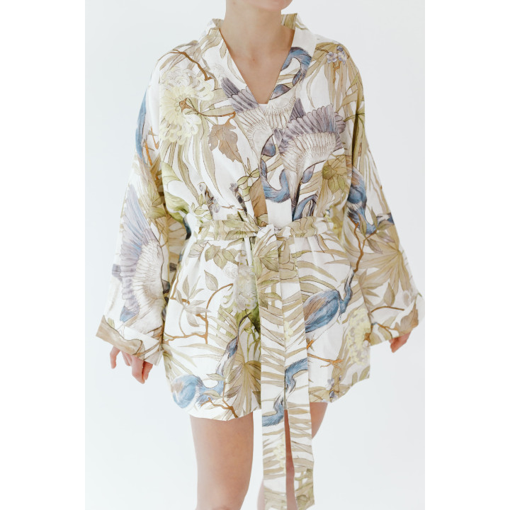 Leinenkimono mit Reihermuster (Blau) | Kimono für Sauna & Spa | Lennea
