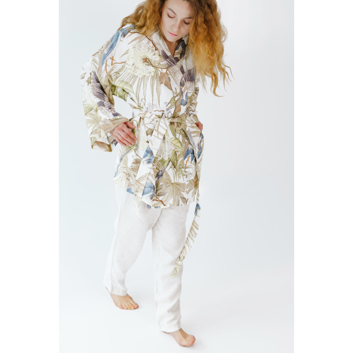 Leinenkimono mit Reihermuster (Blau) | Kimono für Sauna & Spa | Lennea